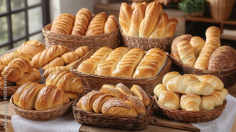 A rustic bakery display with baskets of freshly baked baguettes, croissants, and brioche loaves