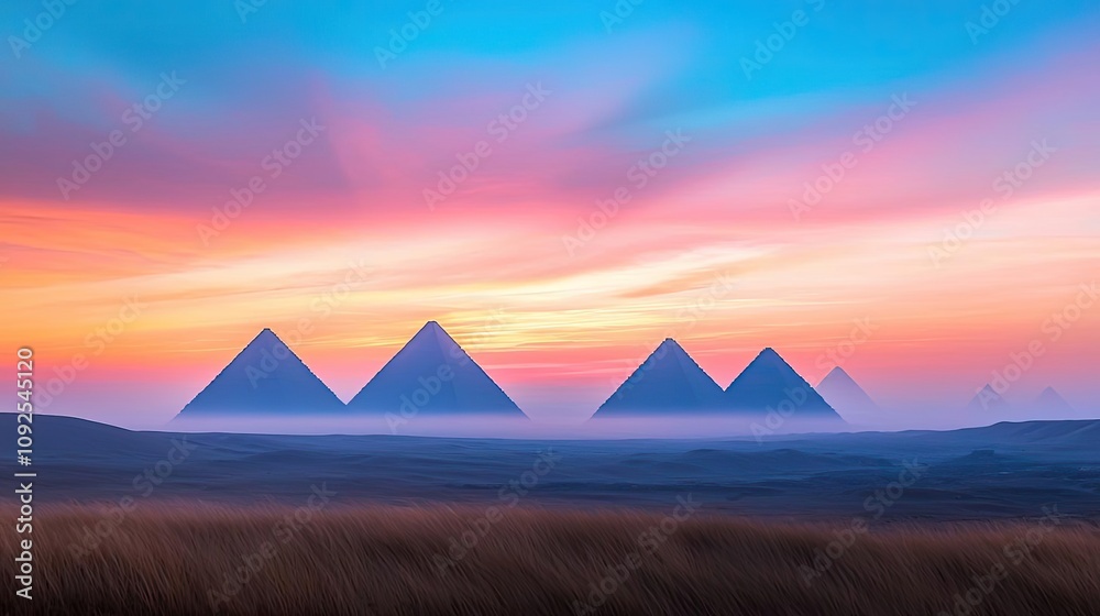 Majestic pyramids under a vibrant sunset sky with wispy clouds.