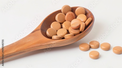 Pills on a Wooden Spoon - a minimalistic and natural presentation. The pills placed on a wooden spoon against a white background create a clean and balanced composition.