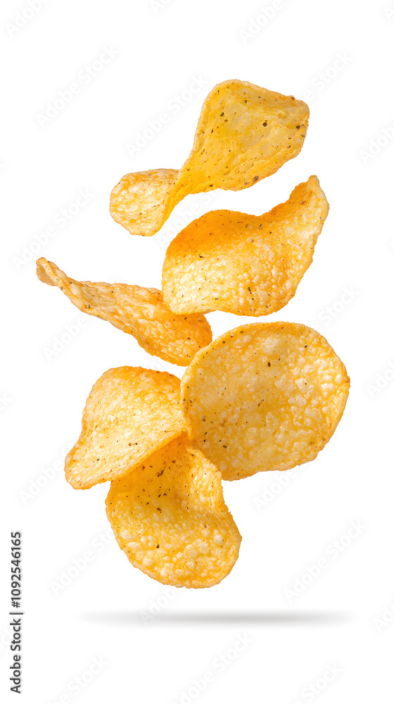 Potato chips floating in mid-air, isolated on white background Potato chips floating in mid-air, isolated on white background