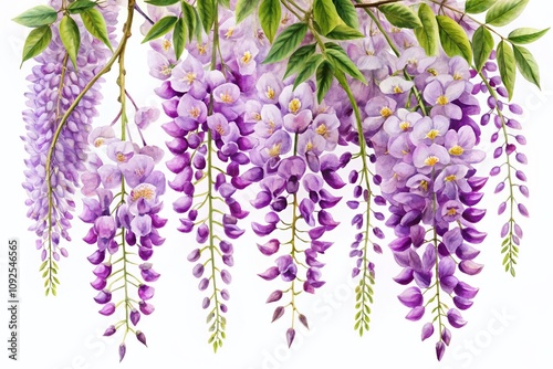 Handdrawn Watercolor Violet Wisteria Flowers Isolated on White Background, Capturing the Essence of Japanese Spring Blossoms in a Delicate Floral Arrangement