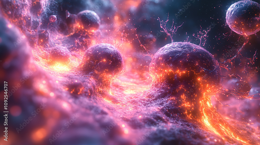 Obraz premium Vibrant glow of cellular structures in a cosmic environment with swirling energy and dynamic forms. Generative AI