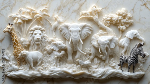 African Wildlife Carved In White Marble Relief photo