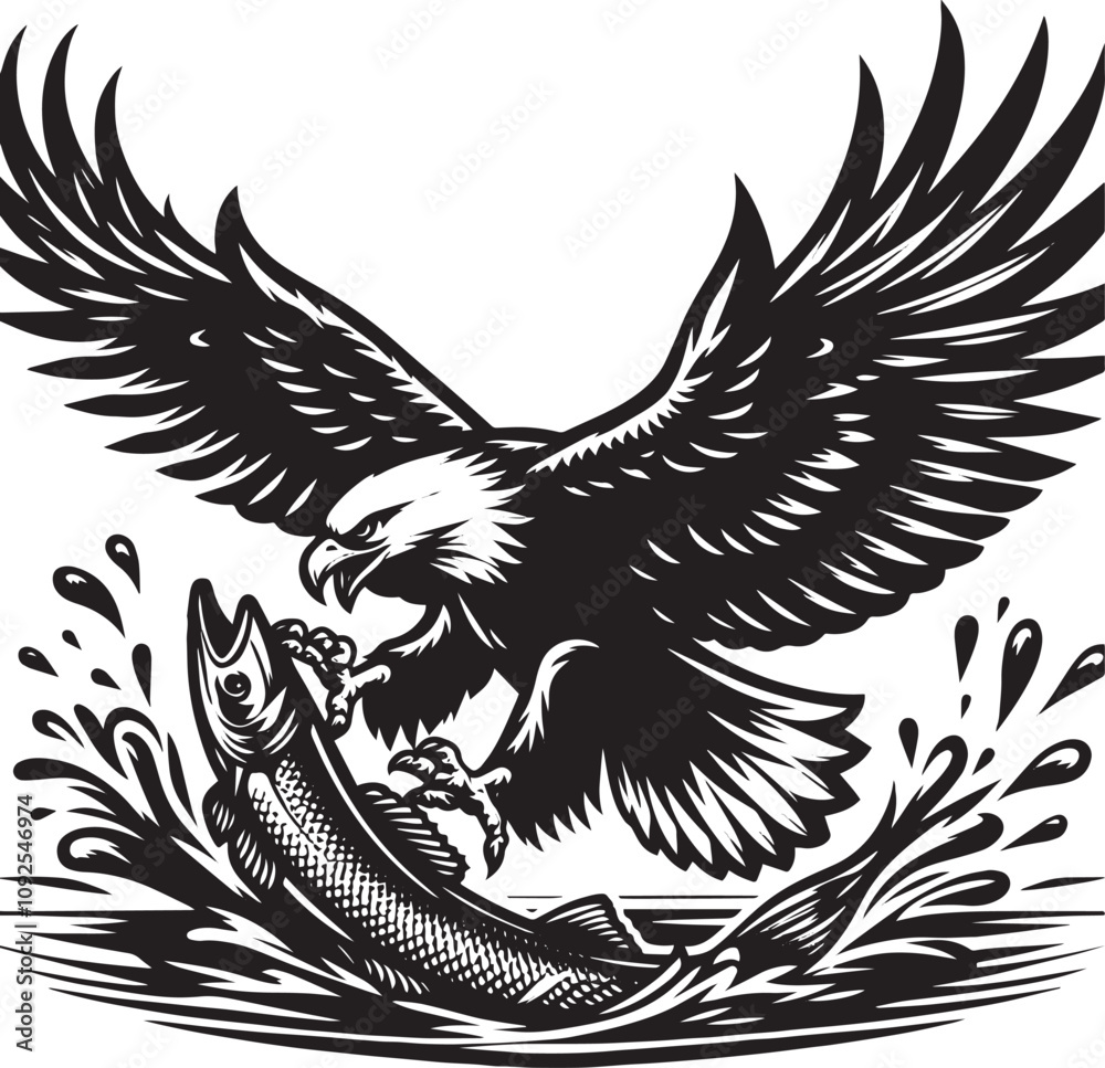 Fototapeta premium Eagle catch fish icon logo vector, Silhouette design with white background