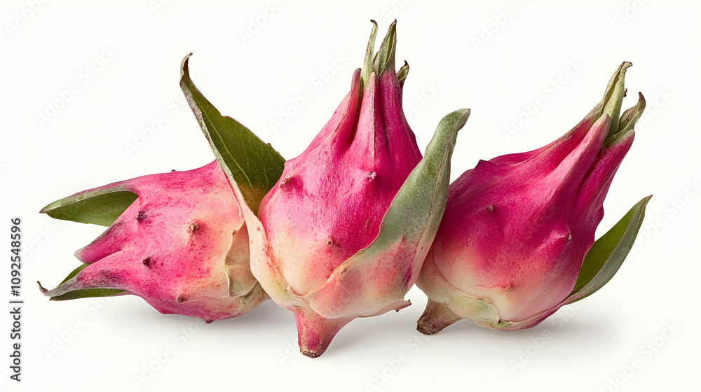 Three Vibrant Pink Dragon Fruits with Green Sepals Isolated on White Background