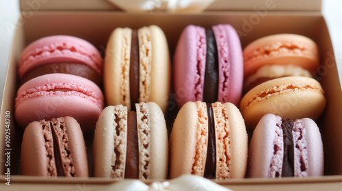 An assortment of macarons in soft pastel colors, neatly arranged in a gift box tied with a satin ribbon. photo