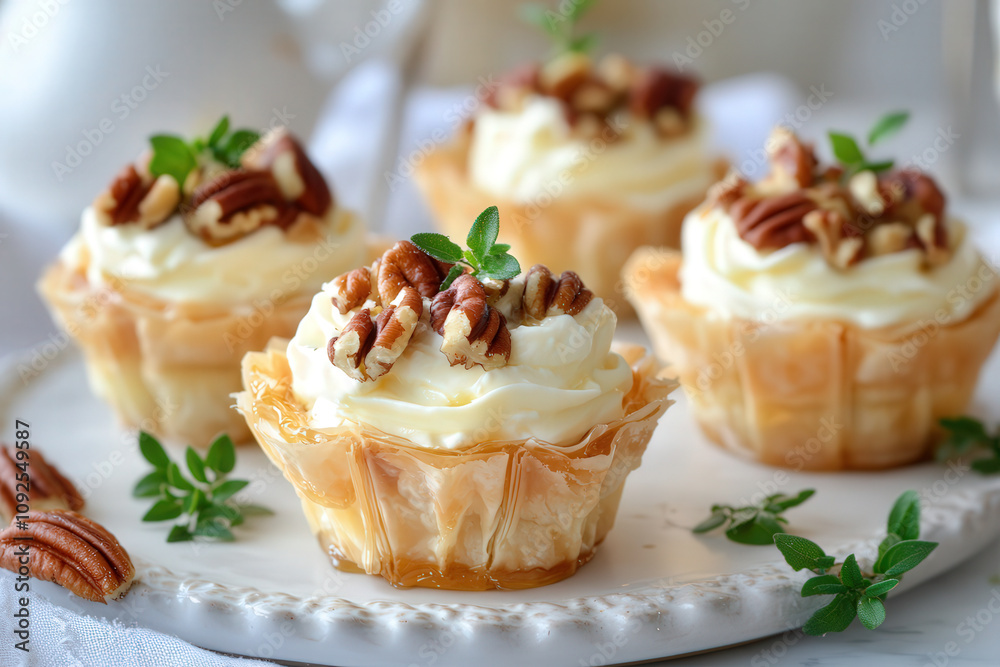Crispy phyllo pastry cups filled with goat cheese, honey, and candied pecans Crispy phyllo pastry cups filled with goat cheese, honey, and candied pecans