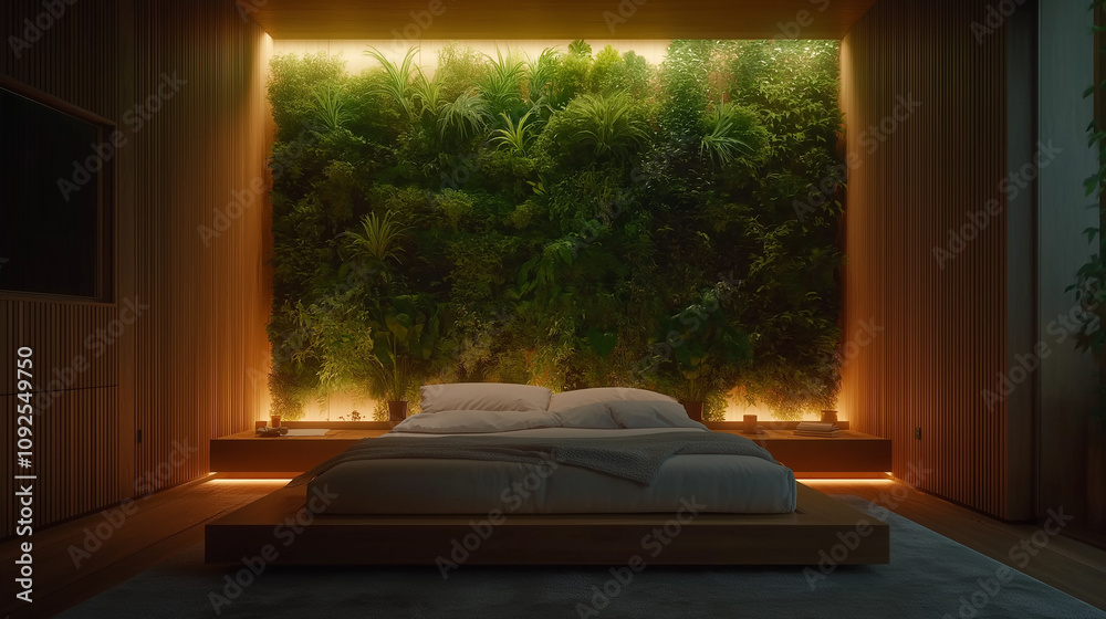 Fototapeta premium Cozy bedroom featuring a green wall design and ambient lighting in a modern sustainable home setting