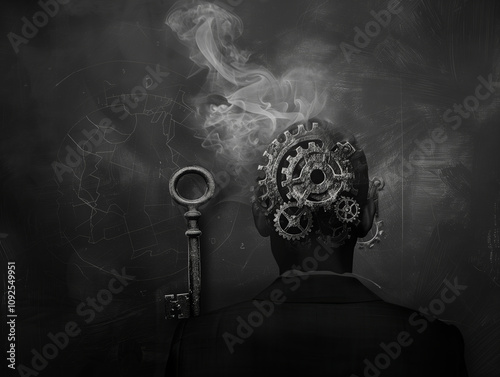 A man with gears and steam from his head symbolizes creative thinking photo