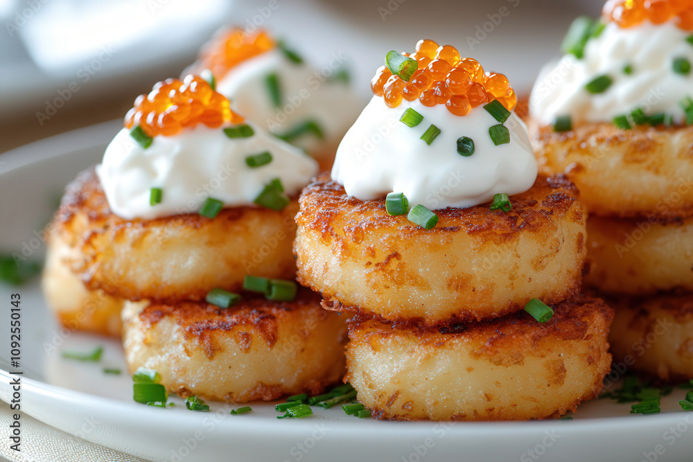 Crispy potato rosti bites topped with sour cream, chives, and a hint of caviar