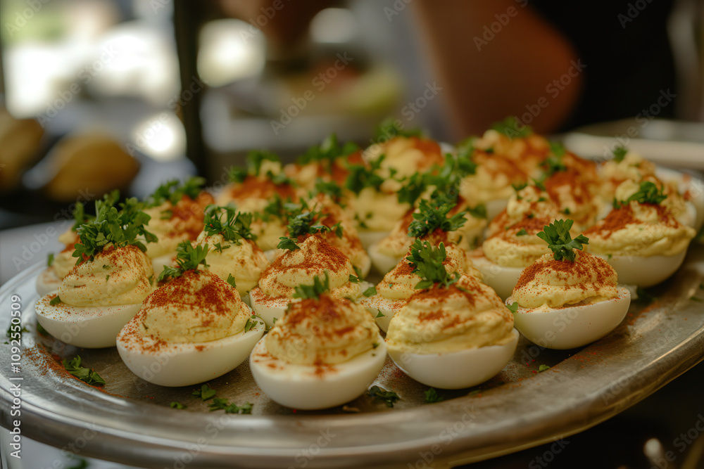 Festive deviled eggs with paprika and tiny sprigs of fresh parsley on top Festive deviled eggs with paprika and tiny sprigs of fresh parsley on top