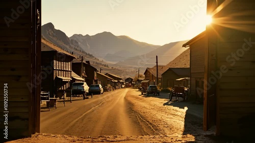Golden hour in desert town as sun sets behind mountain range photo