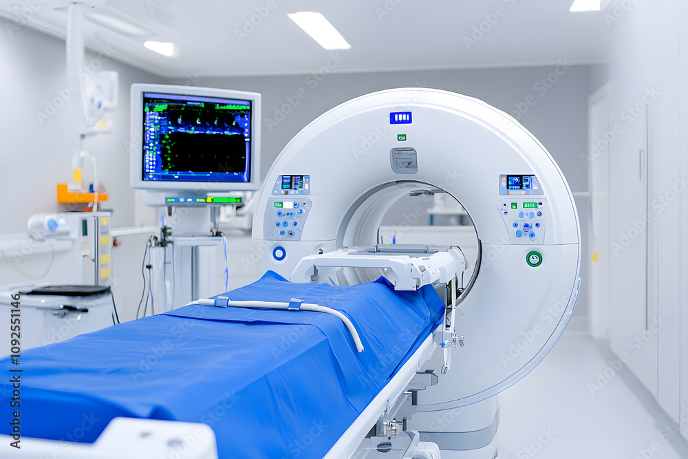 Magnatic Ressonance Machine Magnetic resonance machine inside the clinic interior. MRI with no ...