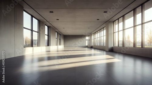 Sunlit Modern Concrete Room with Large Windows, Empty Space, Minimalist Design, Architectural Photography