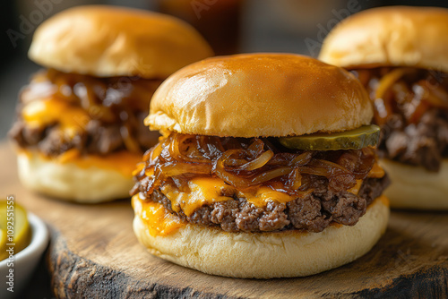 Mini beef sliders topped with caramelized onions, melted cheddar, and a pickle slice, served on wooden boards photo