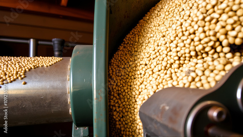 A detailed image captures the interior of a biomass pelletizing unit, showcasing the transformation of finely ground biomass into compact, cylindrical pellets. The machine is surrounded photo