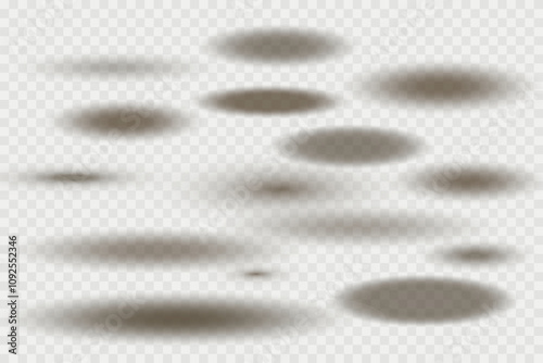 Different realistic round shadow, soft shapes on transparent background. Gray circular and ellipse shadows set. Vector illustration.