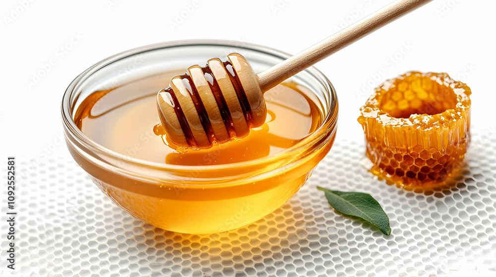 Golden Honey Dipped with Wooden Honeycomb Dipper in Glass Bowl on Honeycomb Pattern Surface Golden Honey Dipped with Wooden Honeycomb Dipper in Glass Bowl on Honeycomb Pattern Surface