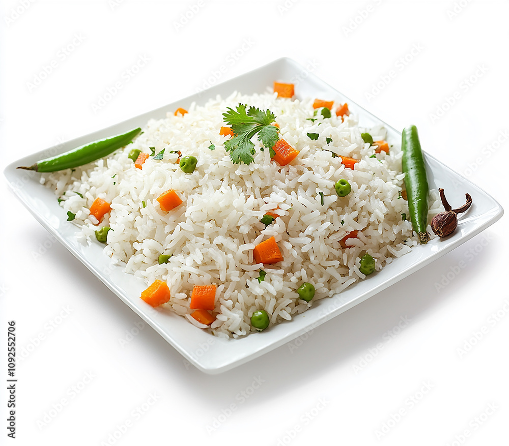 Photo of vibrant vegetable rice with peas, carrots, and fresh flavors served on a white plate