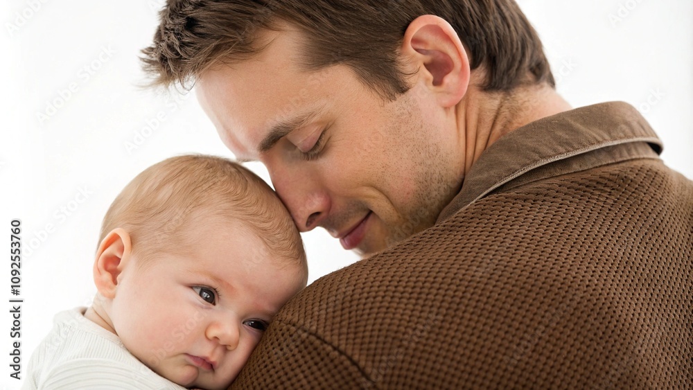 Loving father gently holding his baby close, showcasing a tender moment of bonding and care. The baby rests peacefully on the father's shoulder, symbolizing trust and affection. Loving father gently holding his baby close, showcasing a tender moment of bonding and care. The baby rests peacefully on the father's shoulder, symbolizing trust and affection.