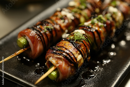 Prosciutto-wrapped asparagus spears with a drizzle of balsamic glaze photo