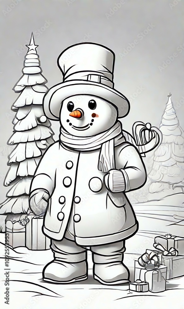 Coloring page for kids: B&W outline art of a snowman on a clean white background. Perfect for Christmas-themed coloring books. Sketch style, cartoon style, line art.