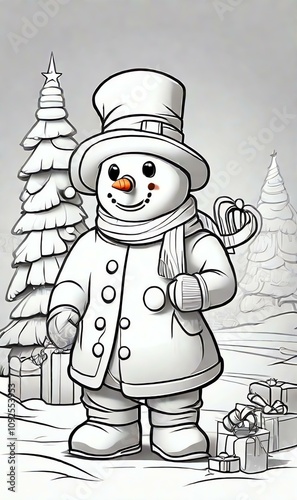 Obraz na płótnie Coloring page for kids: B&W outline art of a snowman on a clean white background. Perfect for Christmas-themed coloring books. Sketch style, cartoon style, line art. w salonie