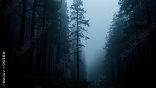 Dark forest landscape with misty atmosphere, night sky, mysterious