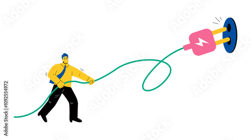 Business man unplugging the power cord. Electricity cost reduction and spending concept. Flat vector illustration isolated on white background