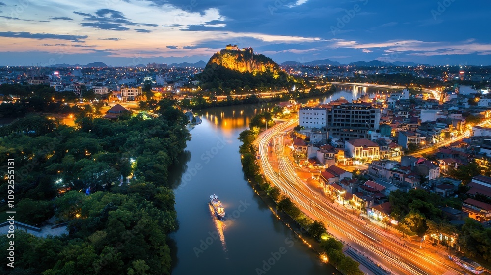 Obraz premium Illuminated Riverside City Nestled Between Majestic Mountains at Dusk