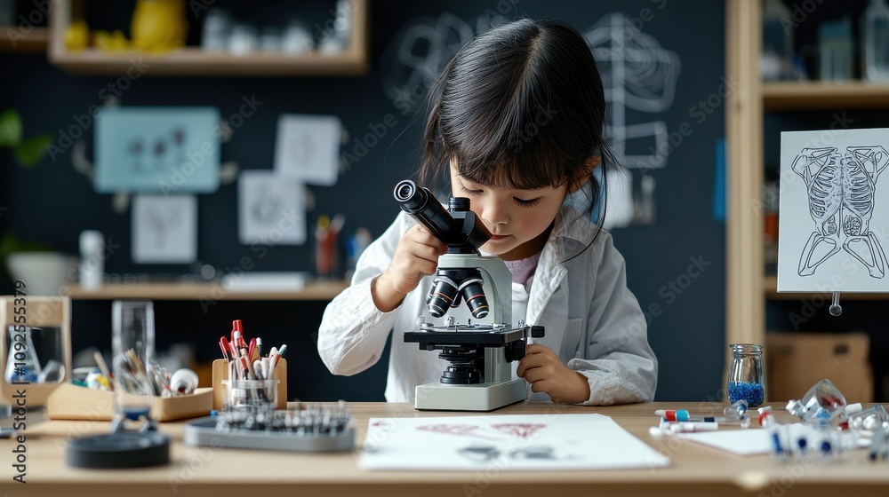 A child using a branded microscope to study a biology sample, surrounded by crafts like hand-drawn anatomy sketches and science-themed flashcards, photographed in a well-lit STEM lab A child using a branded microscope to study a biology sample, surrounded by crafts like hand-drawn anatomy sketches and science-themed flashcards, photographed in a well-lit STEM lab