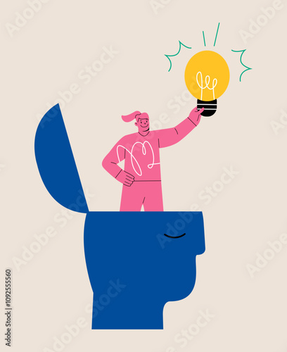 Woman find new ideas above human heads. Idea search concept. Colorful vector illustration