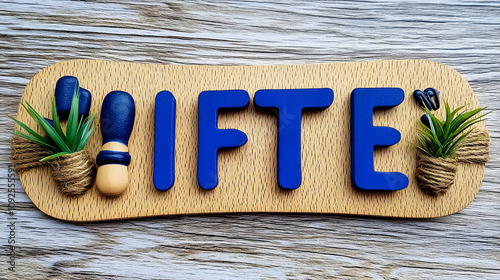 Wooden Sign with Blue Letters IFTE, Decorated with Small Plants photo