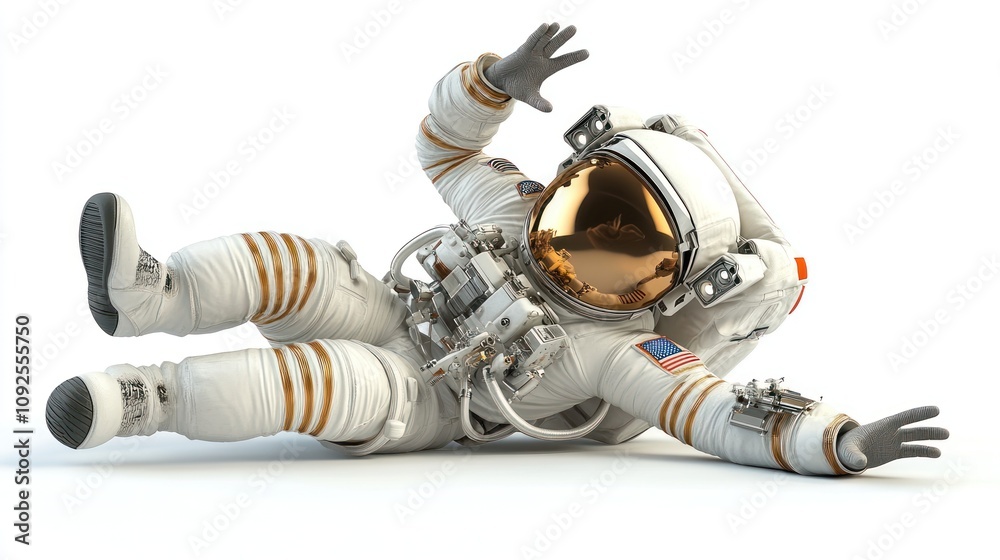 An astronaut in a spacesuit appears to be falling or rolling on a white surface. An astronaut in a spacesuit appears to be falling or rolling on a white surface.