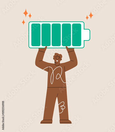 Man carrying full rechargeable battery. Colorful vector illustration