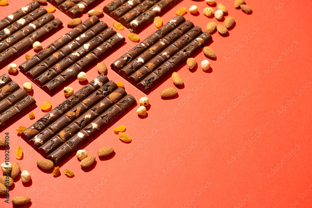 Lots of chocolate bars with nuts and raisins on a red background copy space for text