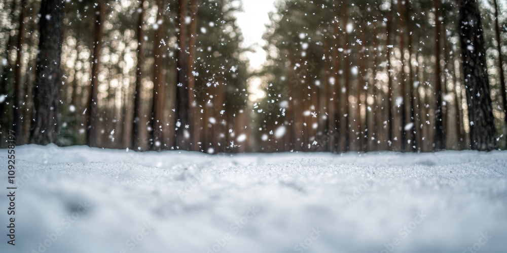 Fototapeta premium A snowy winter landscape with a blurred background of tall pine trees under a serene golden sunset
