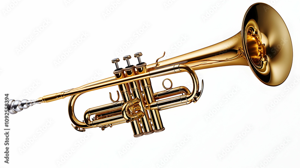 Obraz premium 3D Render of a Golden Trumpet, Musical Instrument, Brass, Valves, Shiny, Isolated on White Background