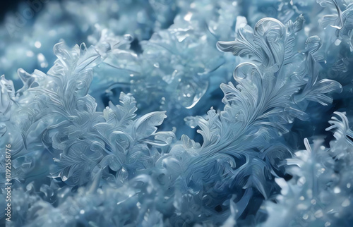 Winter wonderland: Curly ice frost on a festive Christmas backdrop, captivating the essence of the season.