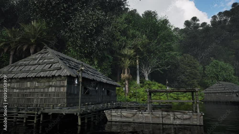 Amazon Rainforest River with wooden huts and wooden fishing boats on day time 3D animation camera zoom closer Amazon Rainforest River with wooden huts and wooden fishing boats on day time 3D animation camera zoom closer