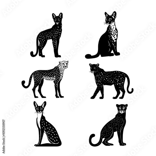 Collection of black cat illustrations showcasing various breeds and postures in a minimalist design