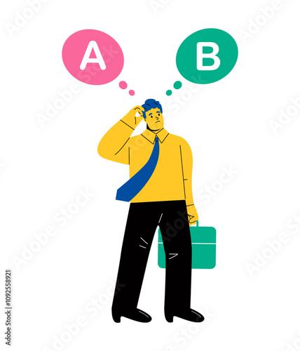 Business man thinking, decision making, crossroads with plan A plan B. Flat vector illustration isolated on white background