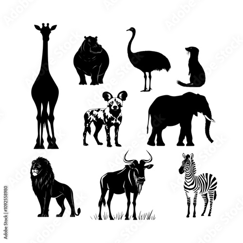 Silhouettes of African wildlife including giraffes, zebras, and rhinos on a white background