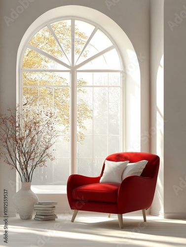 Red armchair near arched wi...