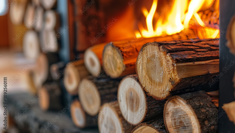 Organic wooden coal made from wood burns in fireplace with central heat pump. Ecological energy.