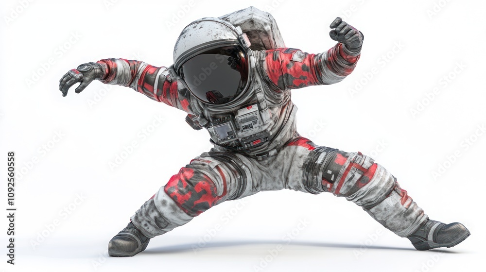 A futuristic astronaut in a dynamic pose, showcasing a unique red and white space suit design. A futuristic astronaut in a dynamic pose, showcasing a unique red and white space suit design.