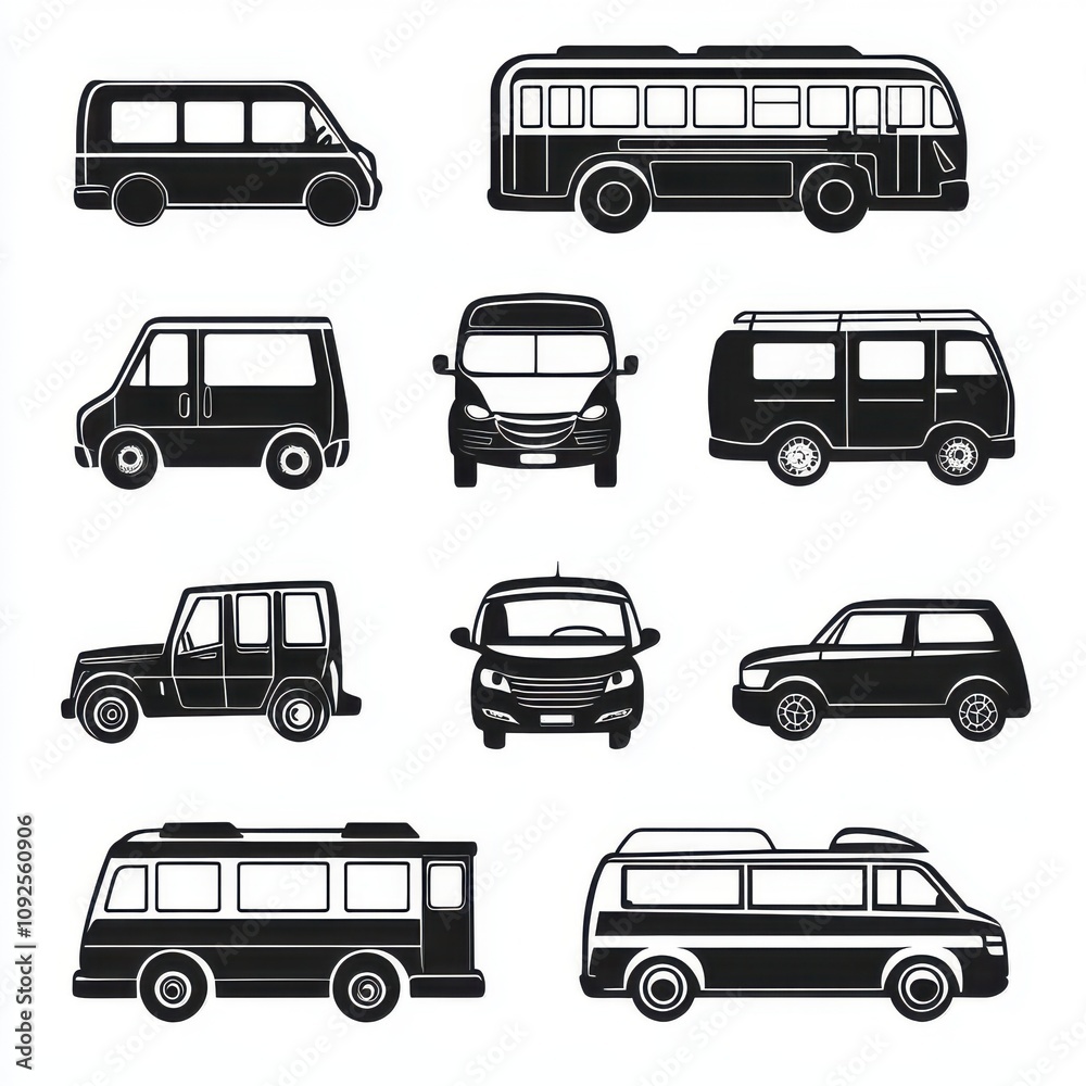 A collection of various vehicle silhouettes including vans, buses, and SUVs in a minimalist black design. A collection of various vehicle silhouettes including vans, buses, and SUVs in a minimalist black design.