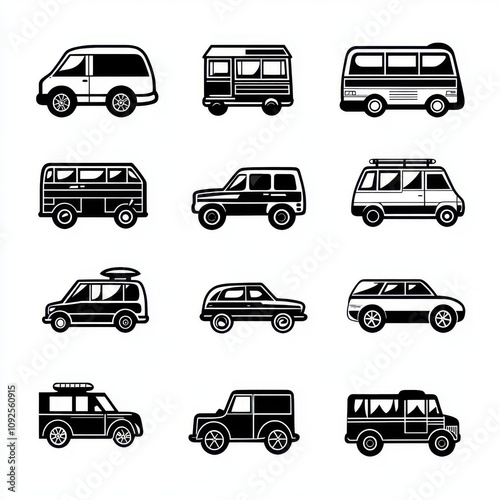 A diverse collection of black and white vehicle silhouettes, showcasing various car types and styles.