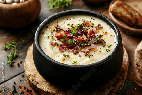 Creamy Potato Soup Topped with Crispy Bacon and Thyme