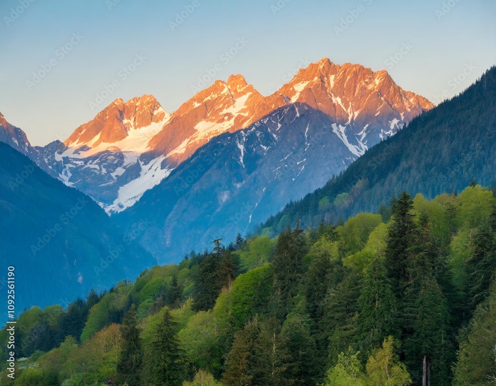 Obraz premium Majestic Mountain Scenery with Sunrise Glow and Vibrant Forested Slopes